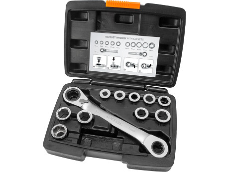 klíč ráčnový tvarovaný a vložky, sada 11ks, 8-19mm, CrV, EX