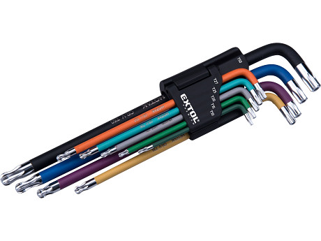 L-klíče TORX prodloužené barevné, sada 9ks, s kuličkou, T10-50, S2