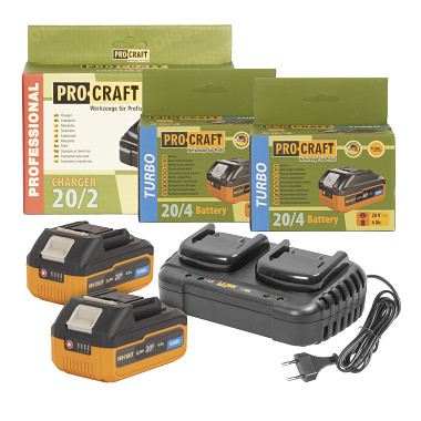 Sada dvě baterie 20V 4Ah Procraft 20/4 Turbo a nabíječka na dvě baterie 20/2  S20-4TURBO/20-2