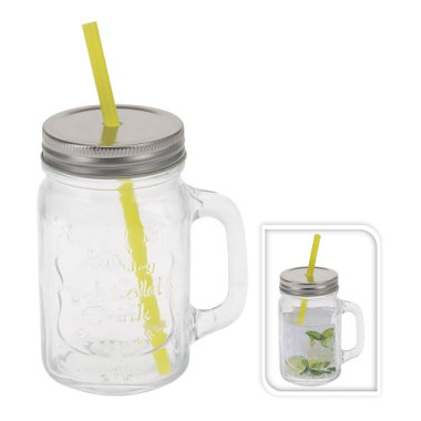 sklenice 450ml s uchem, víčkem a brčkem
