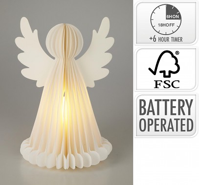 dekorace ANDĚL 28cm 6LED papír BÍ, s časovačem