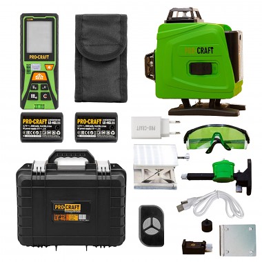 Laser zelený liniový, křížový samonivelační Procraft LE-4G + laserový měřič vzdálenosti Procraft PL