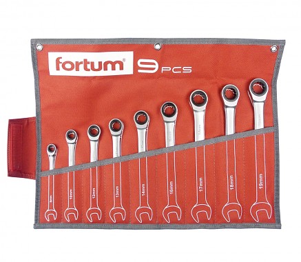 klíče ráčnové očkoploché, sada 9ks, 8-19mm, FORTUM