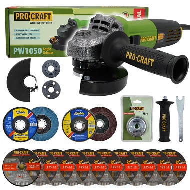 Bruska úhlová Procraft PW1050 + rychloupínací matice, 10x řezný kotouč, 2x lamelový kotouč  SPW1050